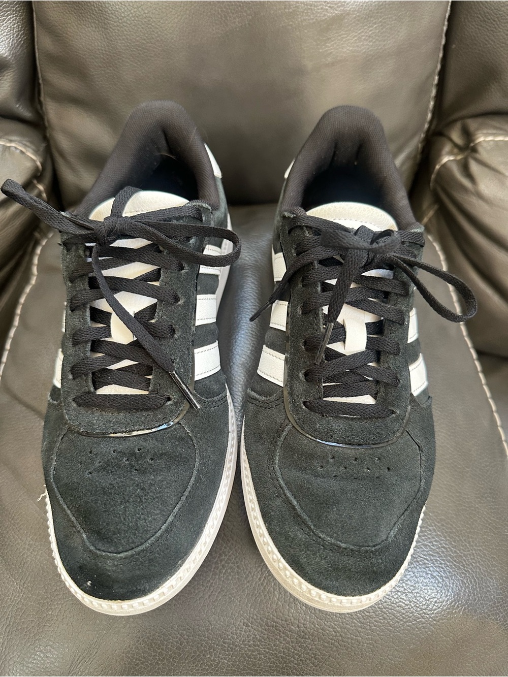 adidas Women’s  Black Suede Sneakers with White Stripes